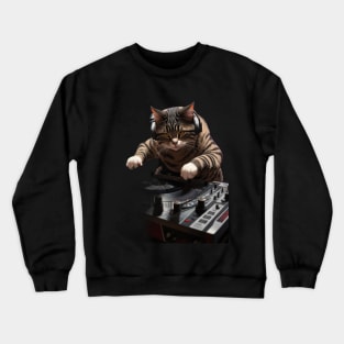 A hip-hop DJ cat scratching records in a smoky underground club Crewneck Sweatshirt